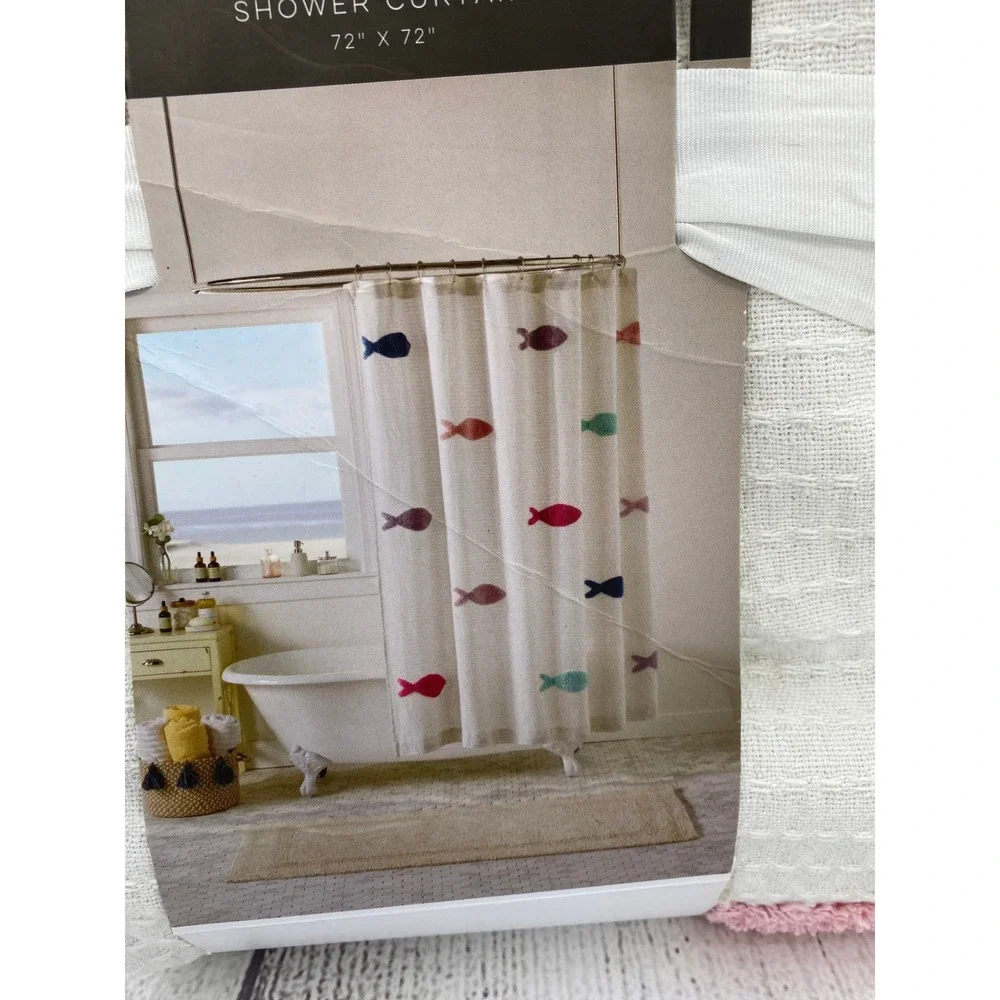 Novogratz Shower Curtain Cream Tufted Fish Waffle Weave 100% Cotton Coastal